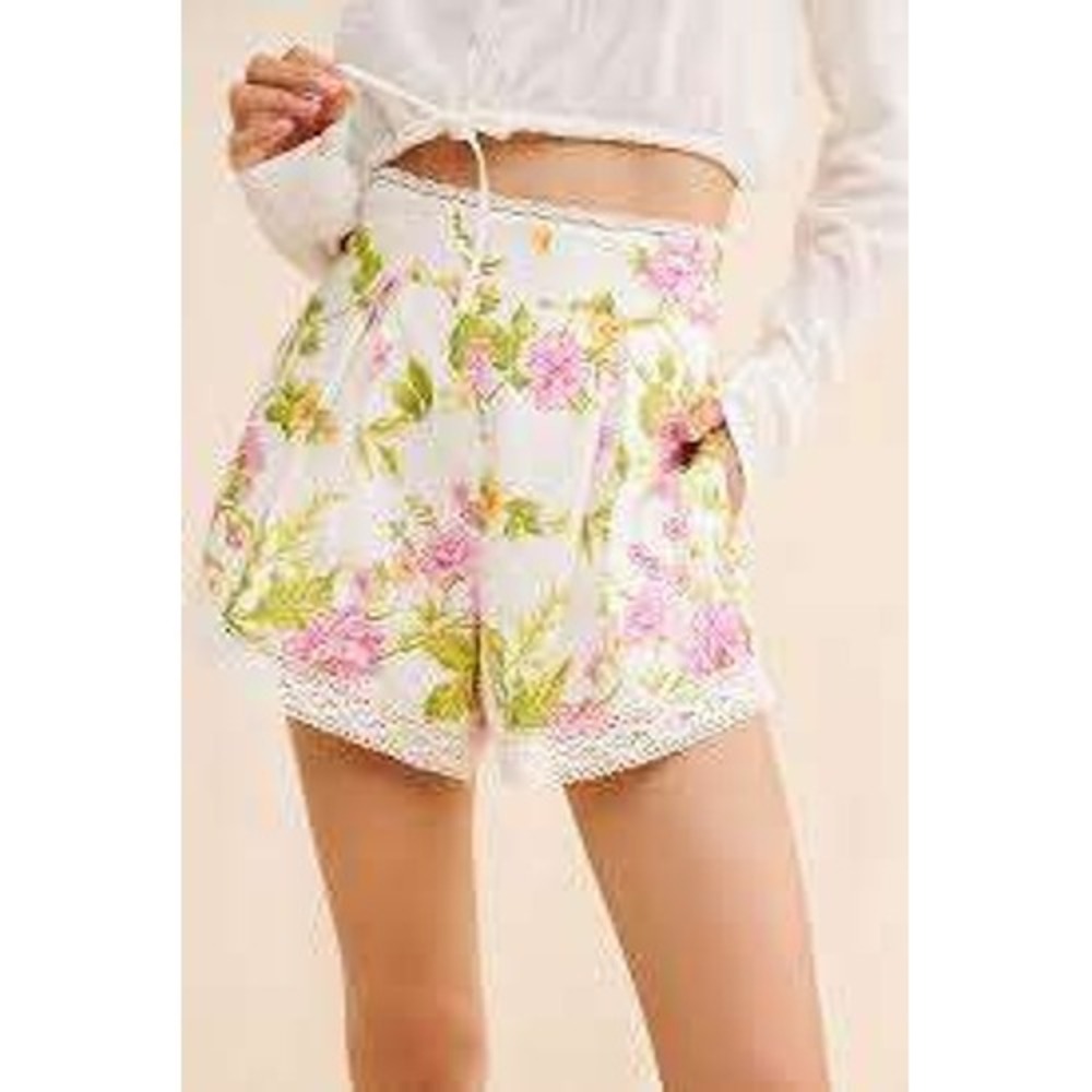 Rahi Floral Lace Trim High Waisted Shorts White Pink Yellow Medium